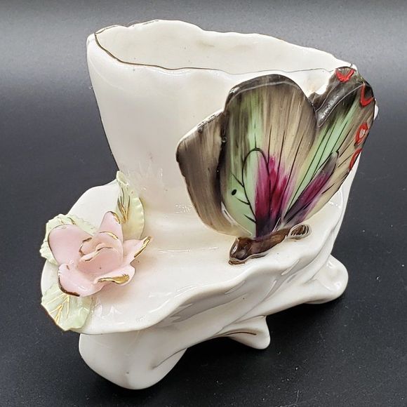Ucagco Ceramics Japan Porcelain Wheelbarrow Butterfly Floral Motif Planter AS IS - Picture 12 of 14